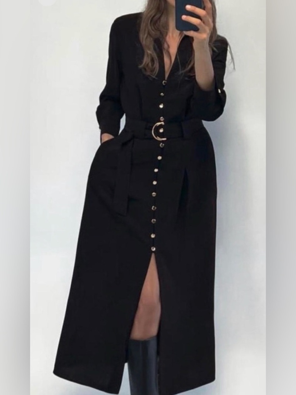 ZARA Black Long-Sleeve Button Midi Shirt Dress with Belt